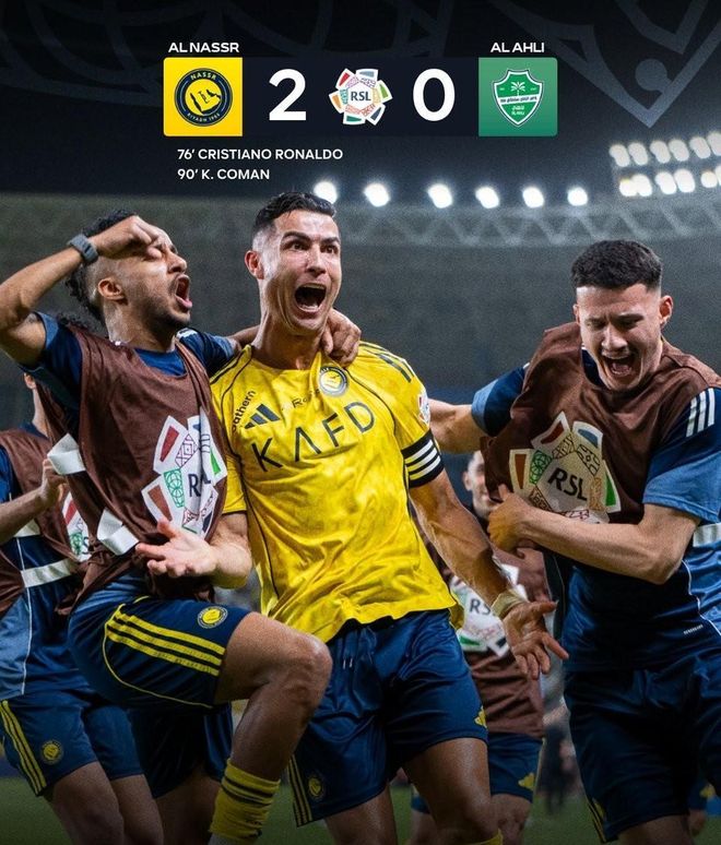 C罗头槌破门独造两球，助球队2-0掀翻亚冠冠军，联赛豪取16连胜领跑积分榜，个人生涯总进球数突破970大关